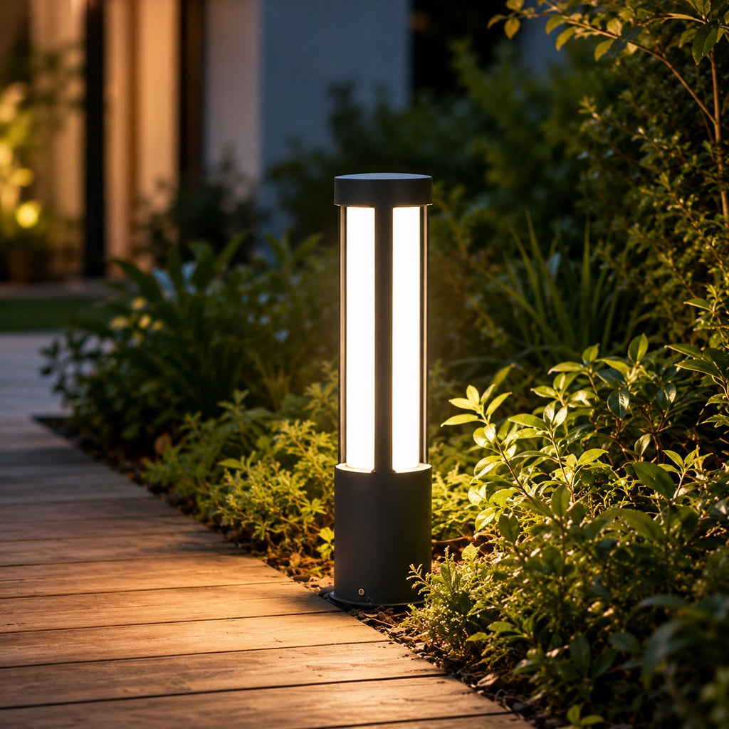 Moderne Aluminium-Pollerleuchte – Zylindrische Bodenmontage, Outdoor-LED, wasserdicht, 3000K warmweiß