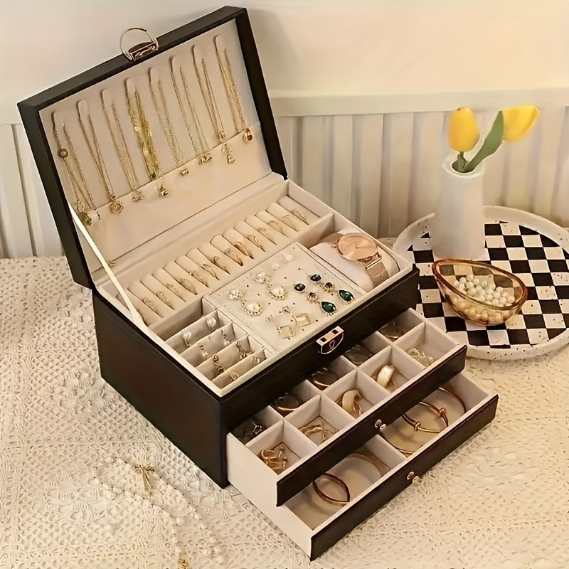 Cutie premium din piele pentru organizarea bijuteriilor — compartimente cu sertare multiple
