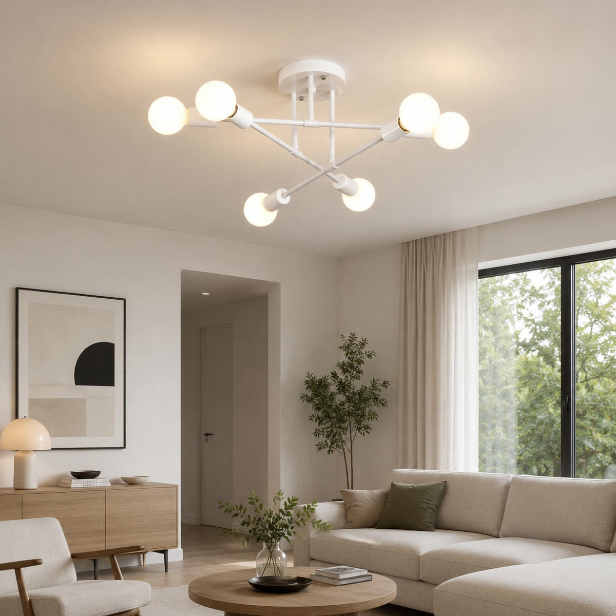 Moderne geometrisk loftlampe i metal — LED med 6 pærer, diameter på 28 Inch, krydsede arme og kugleformede skærme