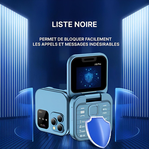 Téléphone à clapet pliable i16 Pro — double SIM, écran de 1.77", 1000 mAh, micro-USB