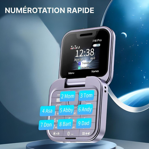 Téléphone à clapet pliable i16 Pro — double SIM, écran de 1.77", 1000 mAh, micro-USB