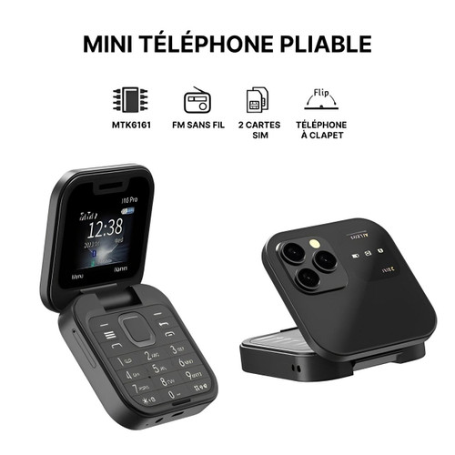 Téléphone à clapet pliable i16 Pro — double SIM, écran de 1.77", 1000 mAh, micro-USB