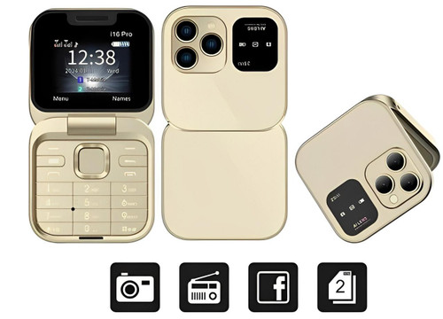 Téléphone à clapet pliable i16 Pro — double SIM, écran de 1.77", 1000 mAh, micro-USB
