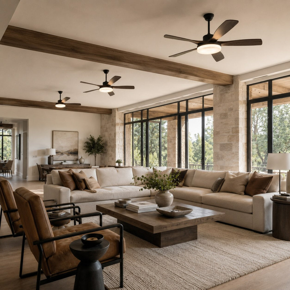 Moderne Deckenleuchte mit Deckenventilator und 5 Flügeln zur direkten Montage - Metallrahmen, einstellbare LED, Fernbedienung