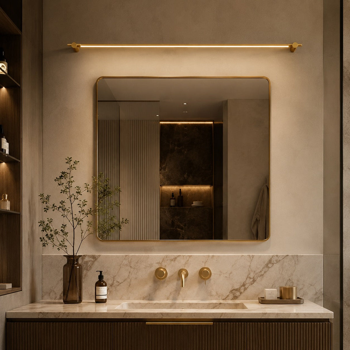 Horizontal Brass Wall Sconce — Modern LED Vanity Light, Translucent Acrylic Shade, 35.4 Inches
