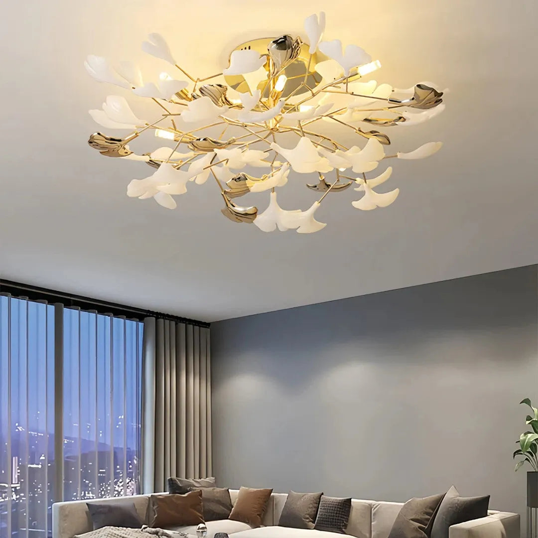 Luksuriøs ginkgo-loftslampe i messing og keramik til stuen, antirefleks | boxzora
