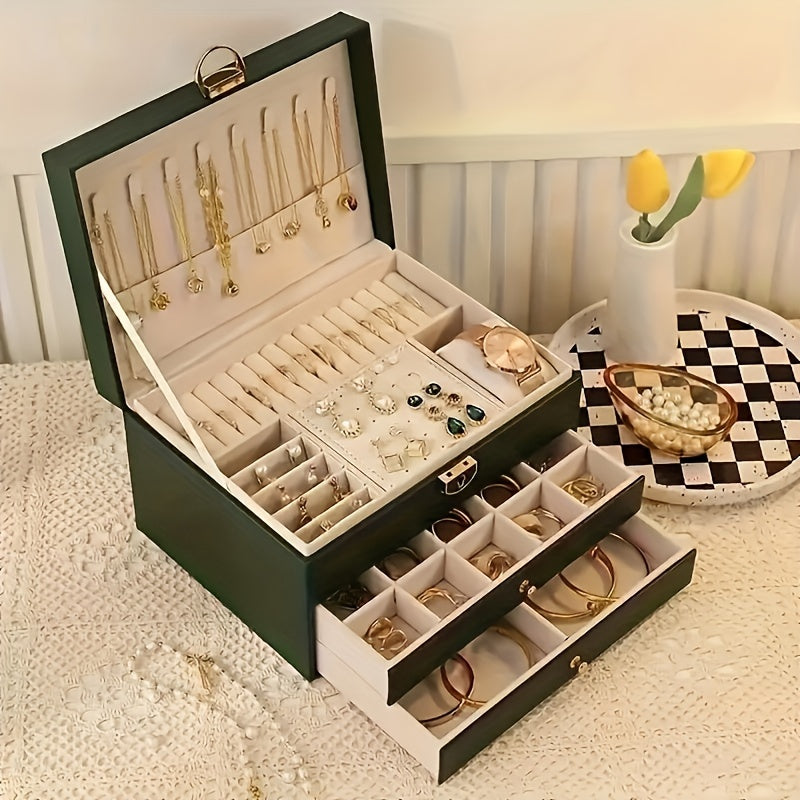 Cutie premium din piele pentru organizarea bijuteriilor — compartimente cu sertare multiple