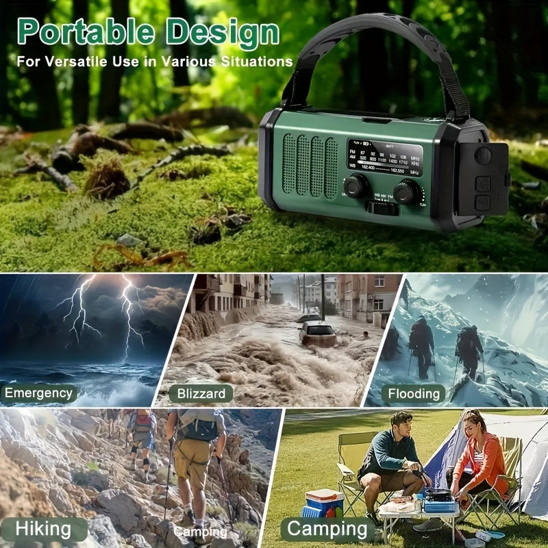 راديو الطوارئ StormMate X10 — بنك طاقة بسعة 10 000 mAh، شحن بالطاقة الشمسية وباليد، منفذ USB-C، ضوء LED، إنذار SOS، بوصلة، موالف AM FM NOAA