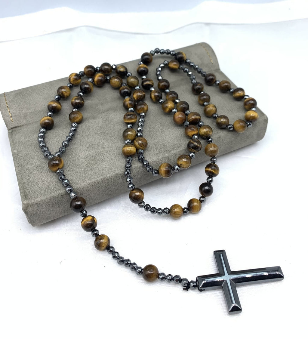 Collana con rosario da uomo Orion — Catena con perle a forma di croce in occhio di tigre e lapislazzuli