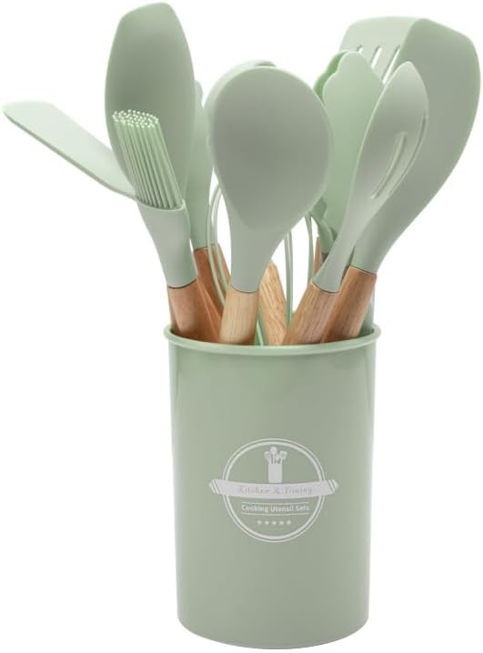 Silicone Kitchen Utensil Set – Heat Resistant, Nonstick Safe, Wooden Handles