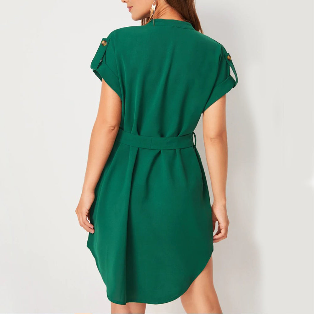 Robe Élégante à Ceinture – Col en V & Manches Courtes
