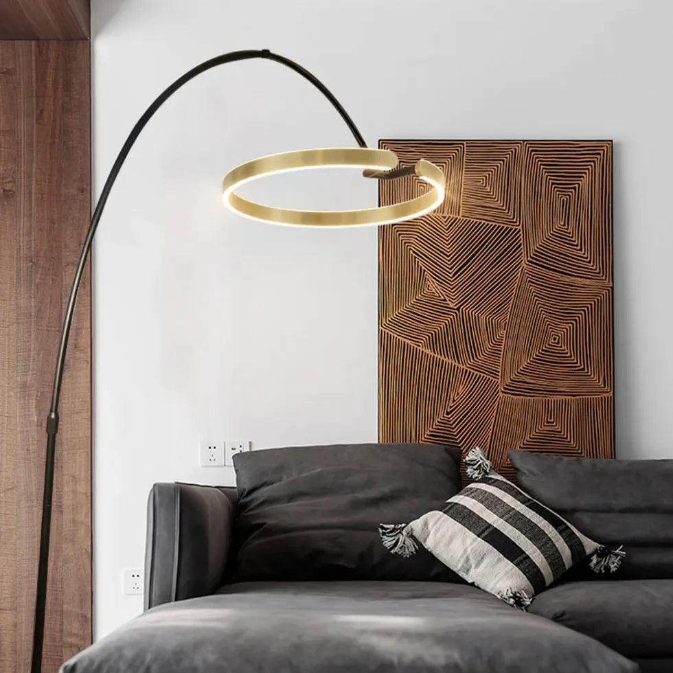 Lámpara de pie moderna negra con arco y anillo para la sala de estar | boxzora