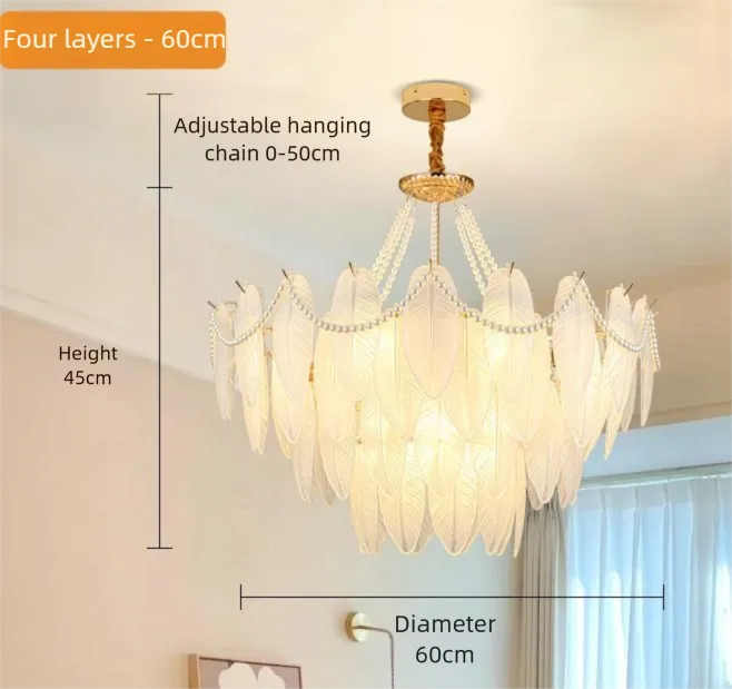 Candelabru de lux cu pene albe și cristale, cu LED reglabil, pentru living | boxzora