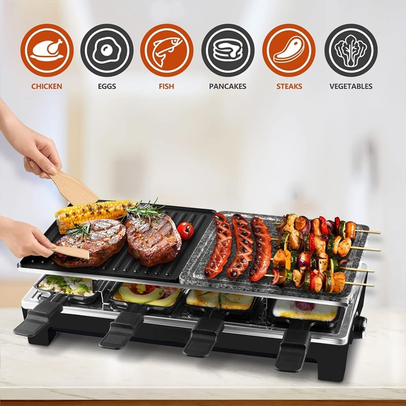 2-in-1 Electric Grill — Ribbed Non-Stick Plate and Raclette Pans