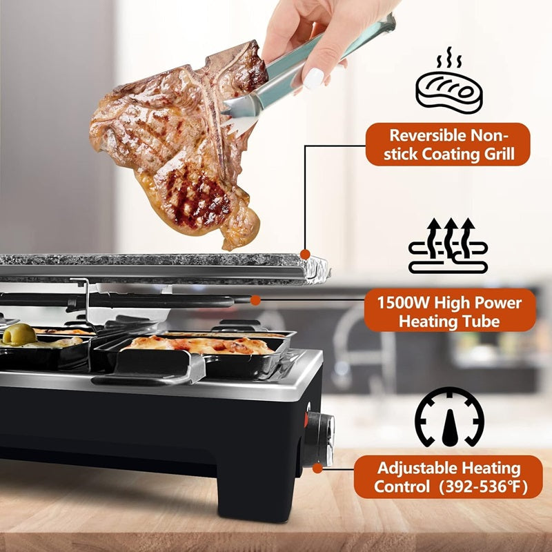 2-in-1 Electric Grill — Ribbed Non-Stick Plate and Raclette Pans