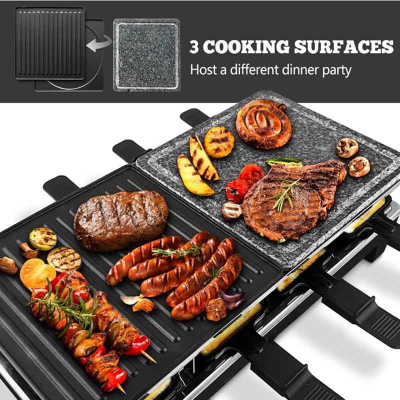 2-in-1 Electric Grill — Ribbed Non-Stick Plate and Raclette Pans