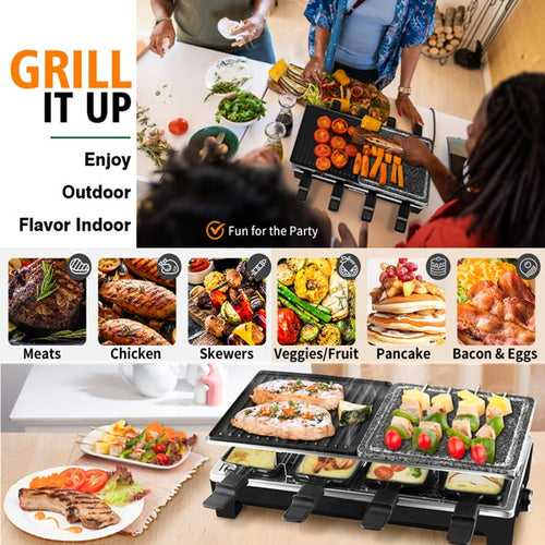 2-in-1 Electric Grill — Ribbed Non-Stick Plate and Raclette Pans
