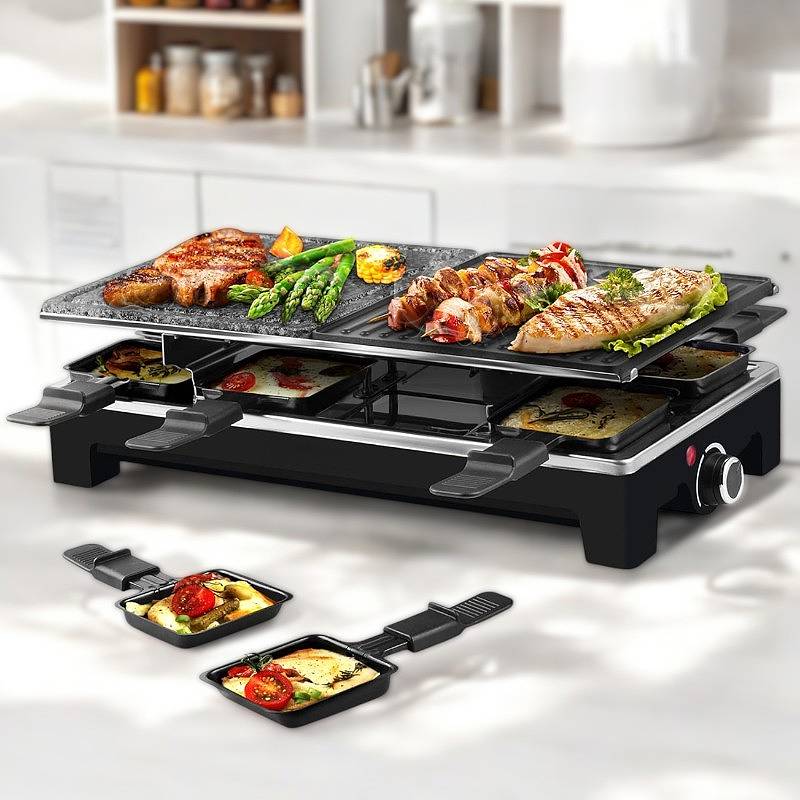 2-in-1 Electric Grill — Ribbed Non-Stick Plate and Raclette Pans