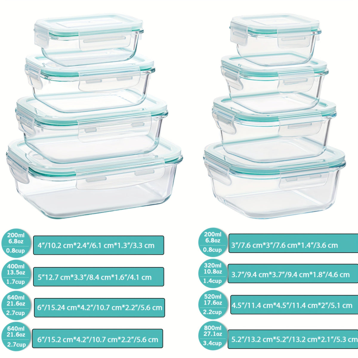 Set de 8 recipientes de vidrio para guardar alimentos — Cajas bento herméticas, tapas con cierre a prueba de fugas, aptos para horno, congelador, microondas y lavavajillas, sin BPA