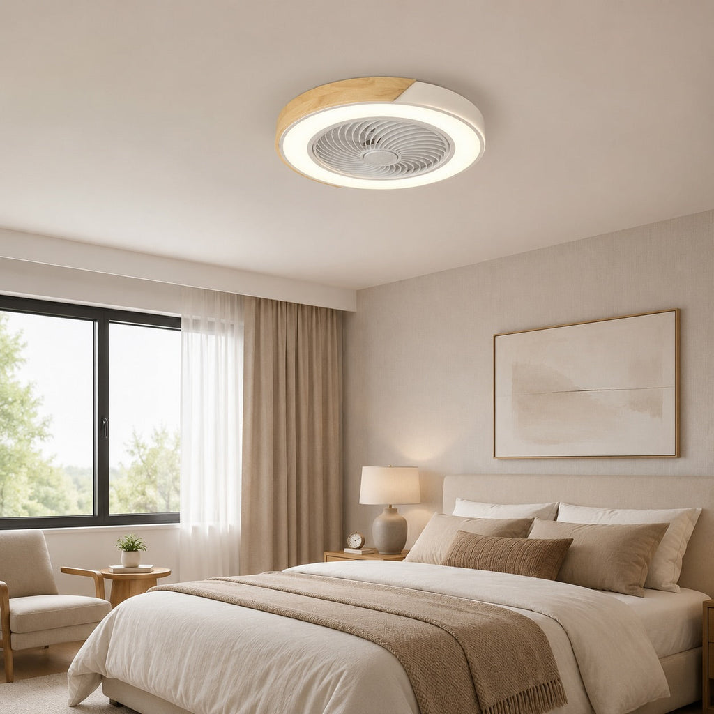 Moderní bezlopatkový stropní ventilátor — železný rám pro přisazenou montáž, integrovaná LED světla, stmívatelný, nastavitelná teplota chromatičnosti