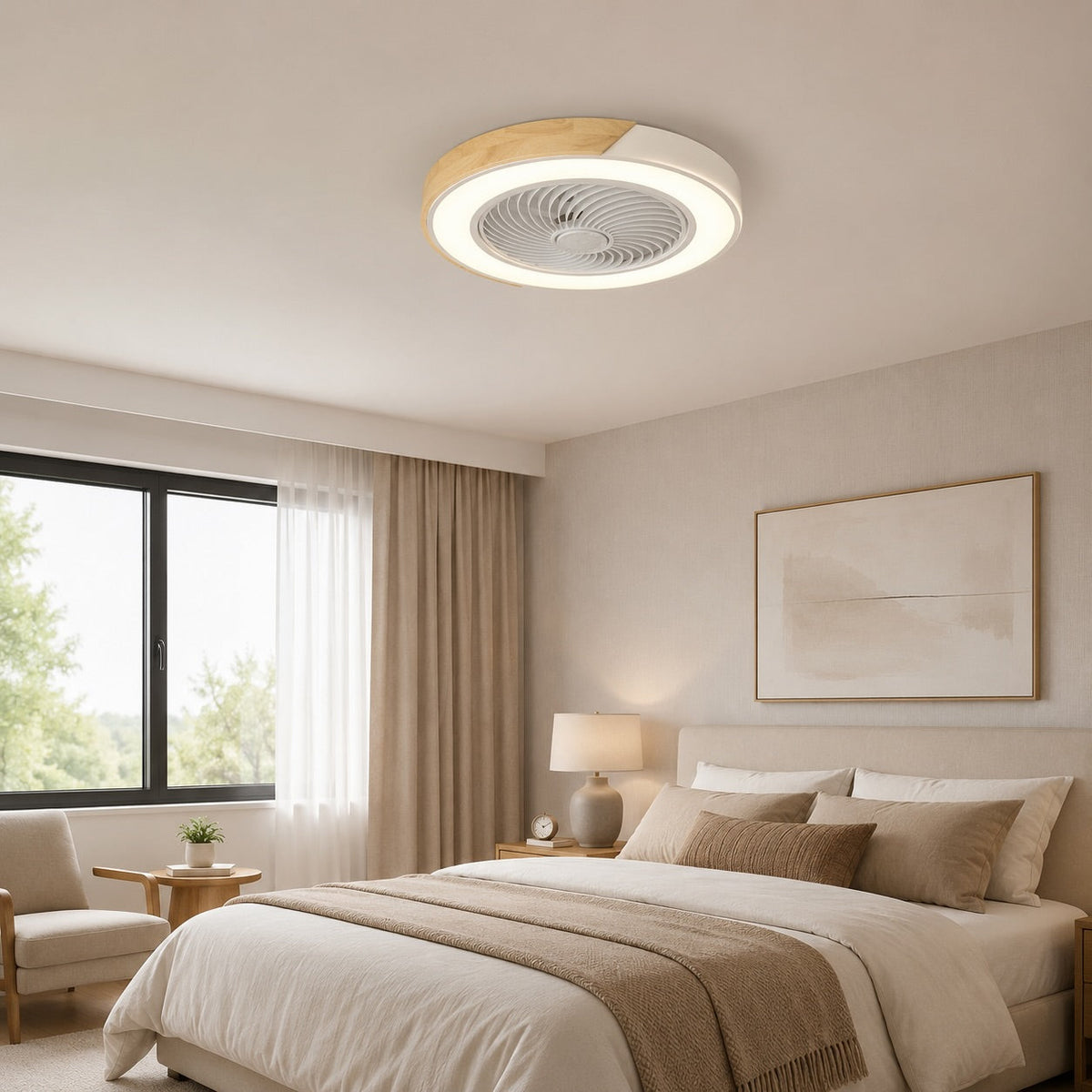 Moderní bezlopatkový stropní ventilátor — železný rám pro přisazenou montáž, integrovaná LED světla, stmívatelný, nastavitelná teplota chromatičnosti