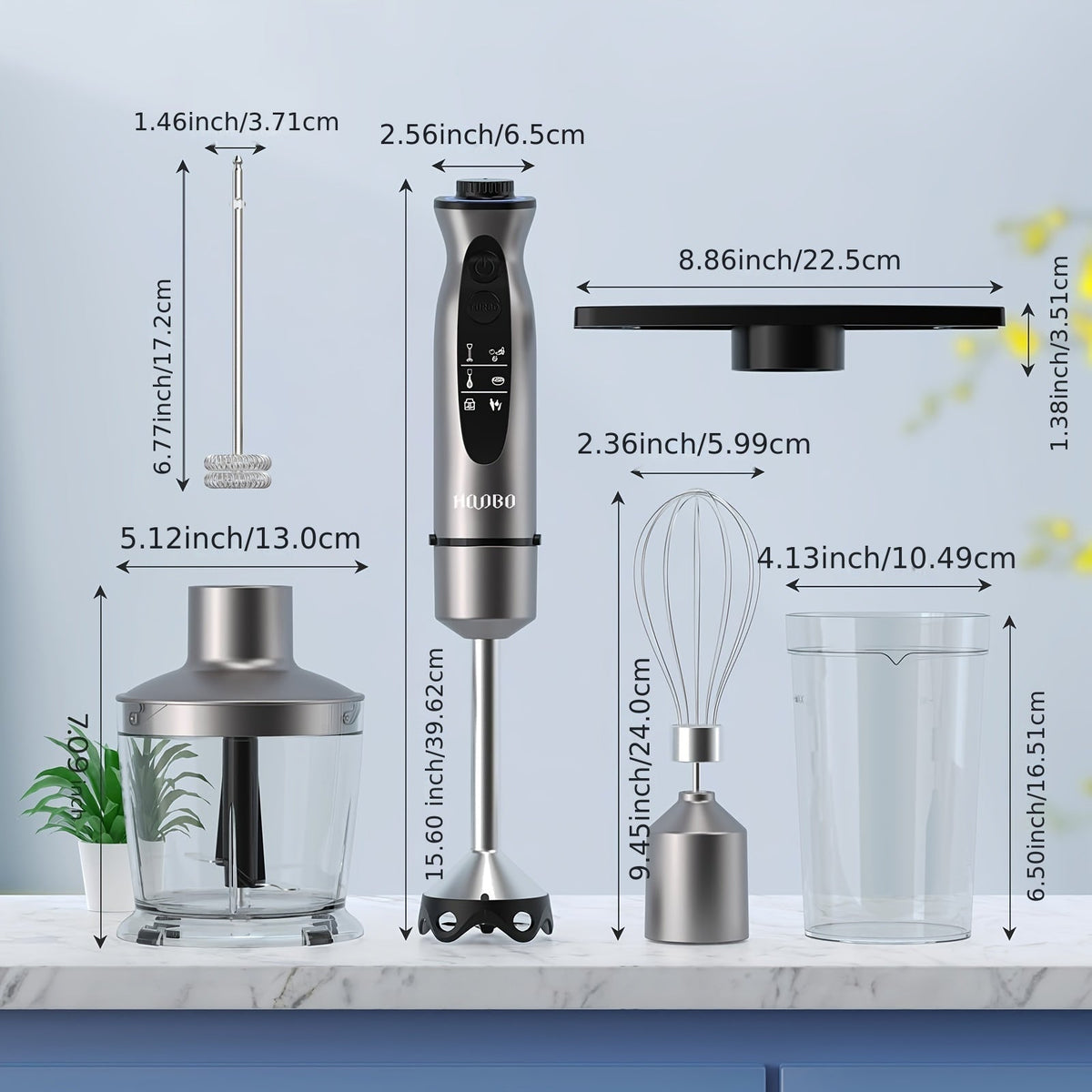 1000W 手持搅拌机 – 变速和涡轮模式、防刮擦搅拌杆、静音运行，配备切碎器、打蛋器、奶泡器和量杯