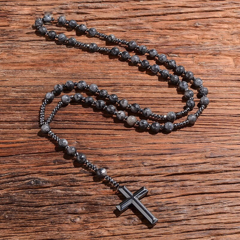 Collana con rosario da uomo Orion — Catena con perle a forma di croce in occhio di tigre e lapislazzuli