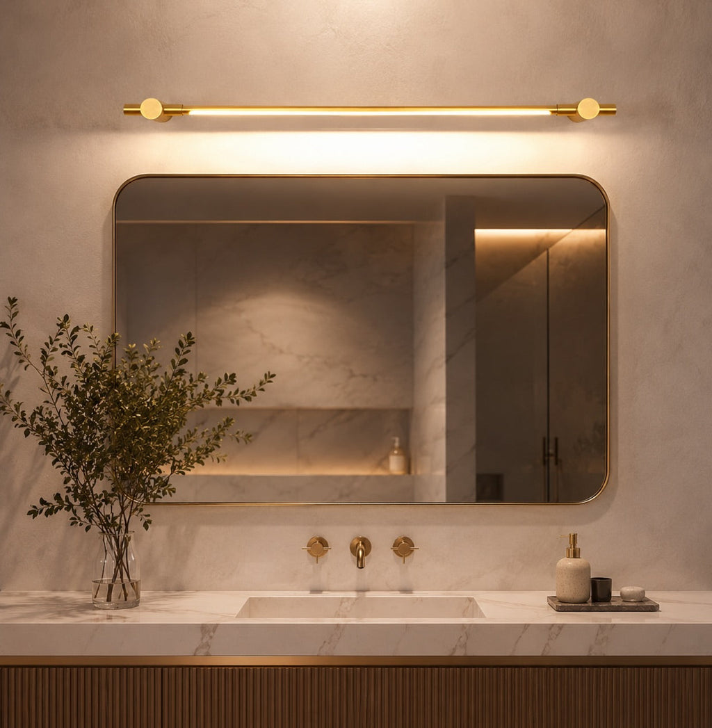 Horizontal Brass Wall Sconce — Modern LED Vanity Light, Translucent Acrylic Shade, 35.4 Inches