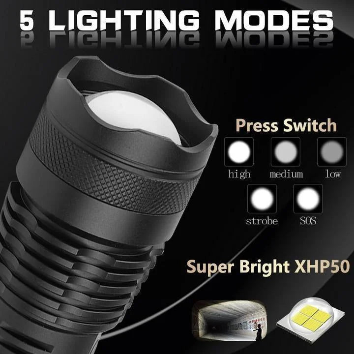 90000 lumenes LED-es zseblámpa – újratölthető 18650-es és 26650-es akkumulátorral kompatibilis, beépített akkumulátorállapot-kijelzővel