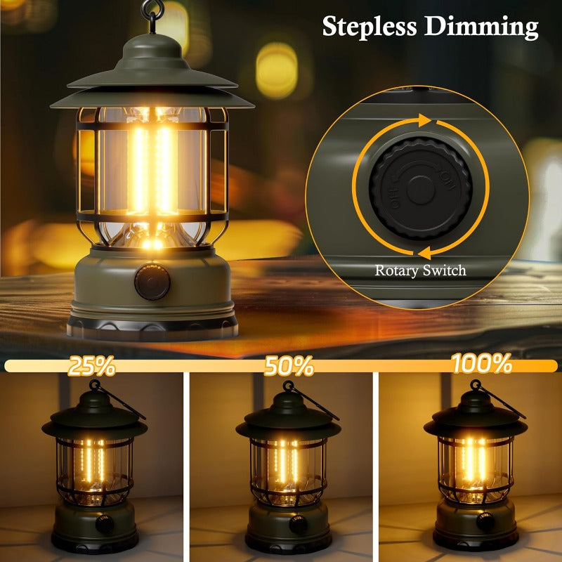 Linterna LED de camping retro - Recargable, diseño de huracán de 360 grados