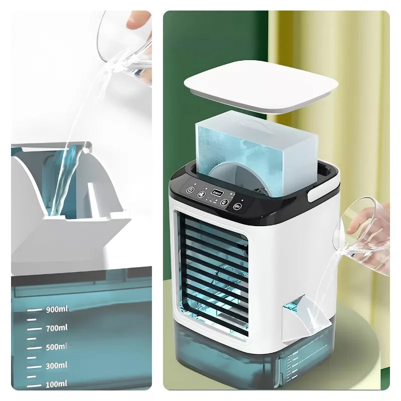 مروحة محمولة لتبريد الهواء وترطيبه، مع ضوء ليلي مدمج