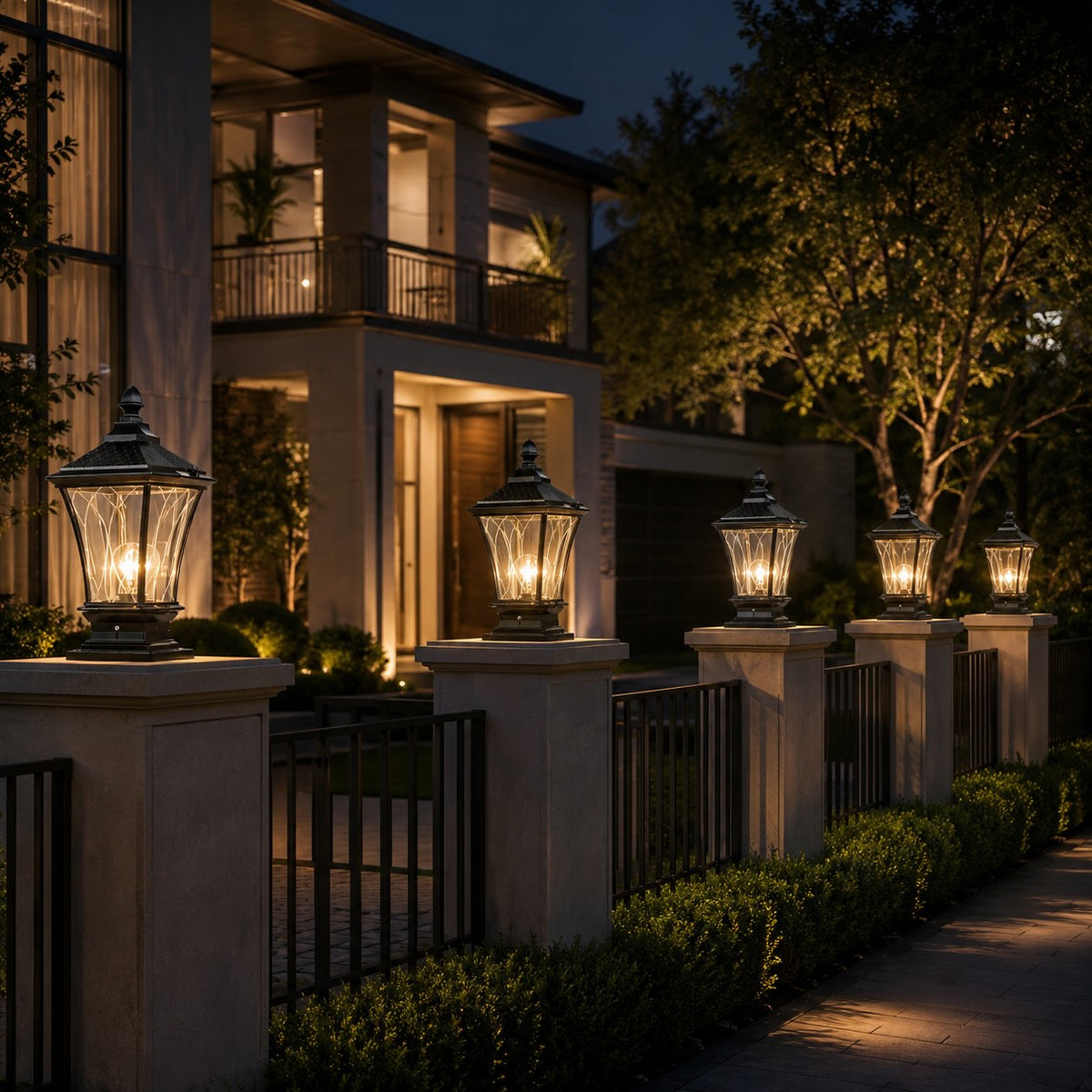 Lampă solară tradițională de exterior tip stâlp — abajur octogonal din sticlă, construcție din aluminiu, LED de 5W