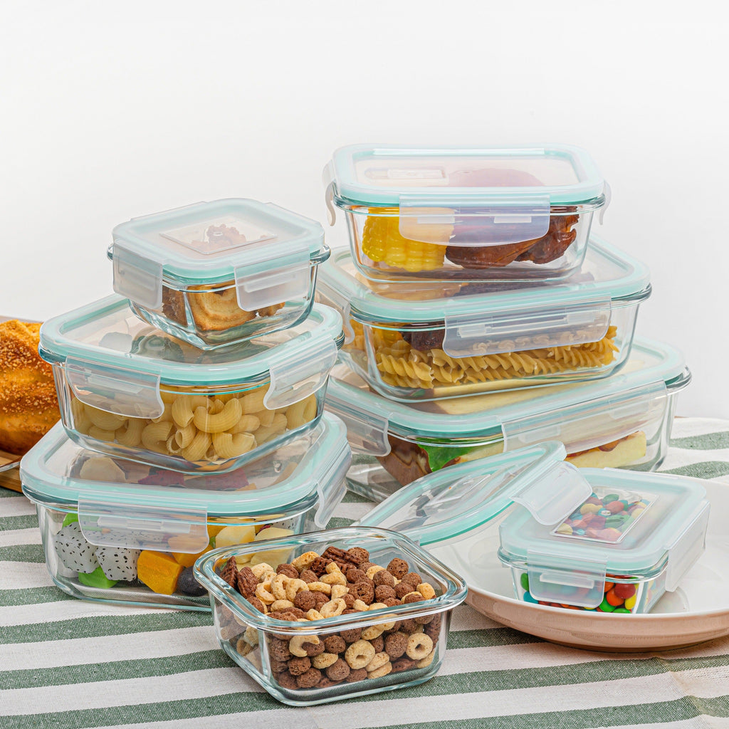 Set de 8 recipientes de vidrio para guardar alimentos — Cajas bento herméticas, tapas con cierre a prueba de fugas, aptos para horno, congelador, microondas y lavavajillas, sin BPA
