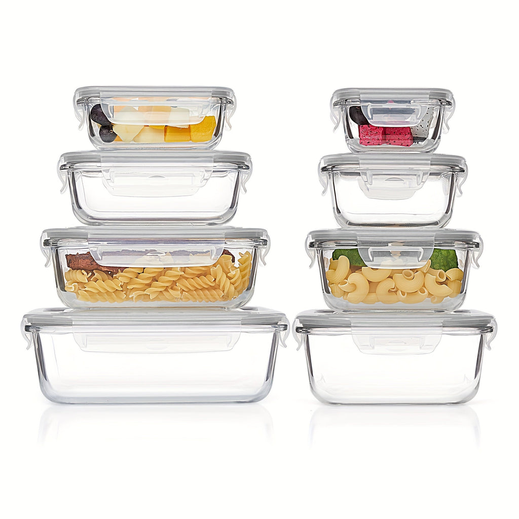Set de 8 recipientes de vidrio para guardar alimentos — Cajas bento herméticas, tapas con cierre a prueba de fugas, aptos para horno, congelador, microondas y lavavajillas, sin BPA