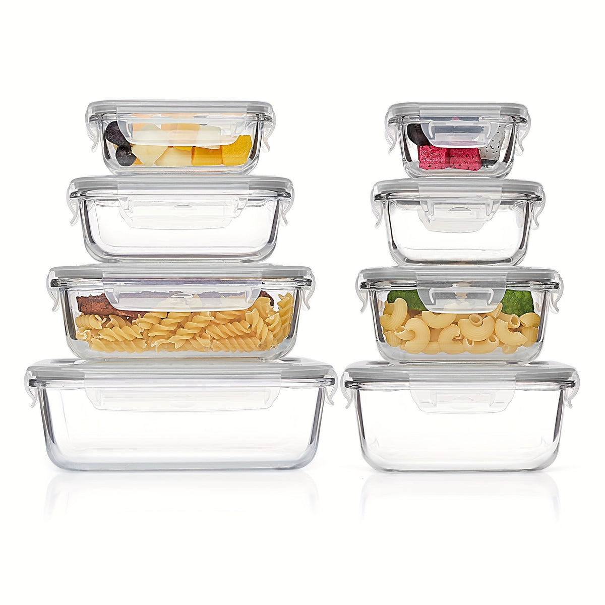 Set de 8 recipientes de vidrio para guardar alimentos — Cajas bento herméticas, tapas con cierre a prueba de fugas, aptos para horno, congelador, microondas y lavavajillas, sin BPA