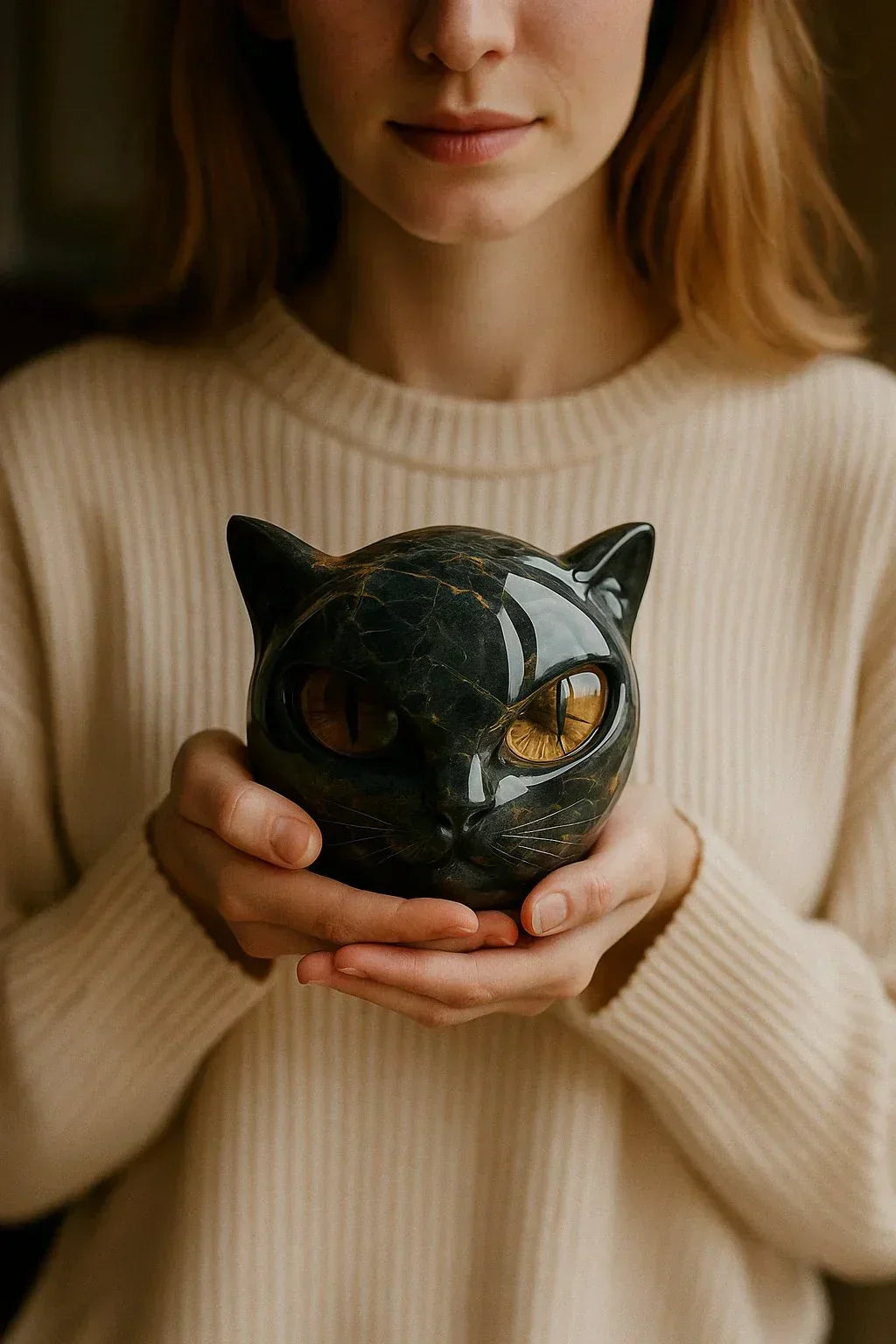 פסל ראש חתול שחור NoirCat — גימור מבריק, עיניים חיות ומהפנטות