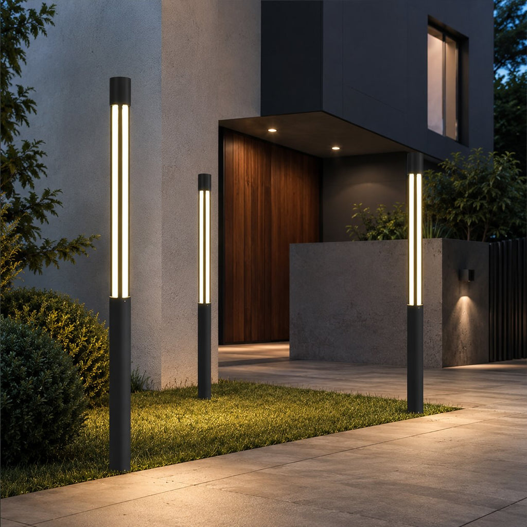 Moderne Aluminium-Pollerleuchte – Zylindrische Bodenmontage, Outdoor-LED, wasserdicht, 3000K warmweiß