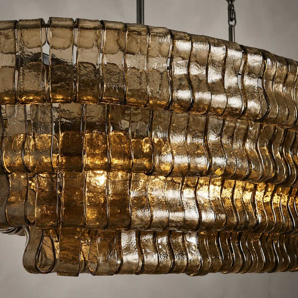 Modern oval takkrona — justerbar sänkhöjd, stålram och böjt glas, alternativ med 5 eller 12 glödlampor