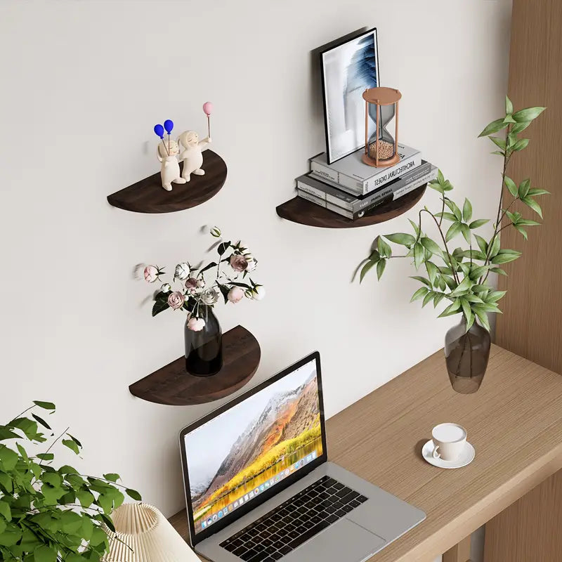 Natural Wood Semi-Circular Wall Shelf — Curved Profile, Wall-Mounted Storage