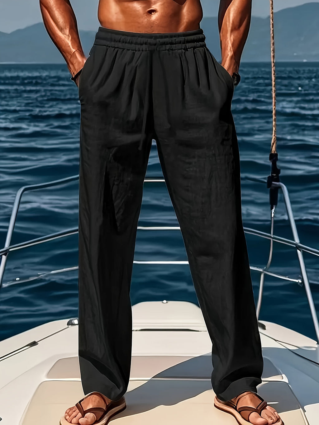 Linnenbroek voor heren - ademende tailleband met trekkoord, verstelbaar, casual comfort