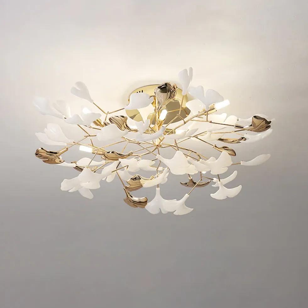 Luksuriøs ginkgo-loftslampe i messing og keramik til stuen, antirefleks | boxzora