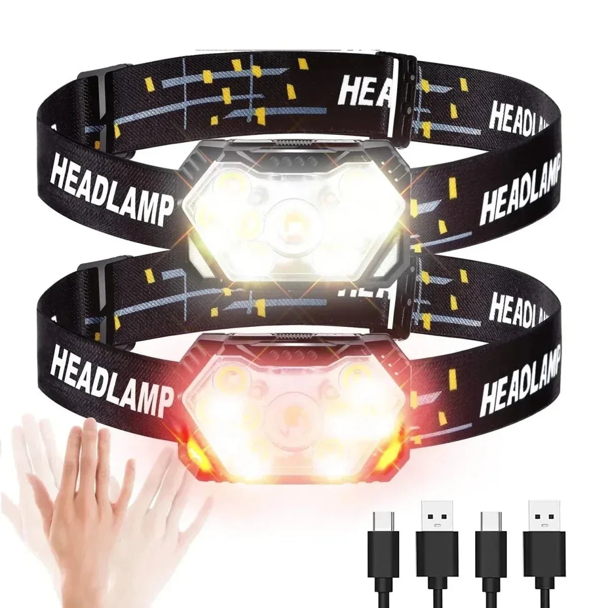 Lampada frontale LED ricaricabile tramite USB con sensore — Controllo tramite gesti della mano, 3 livelli di luminosità
