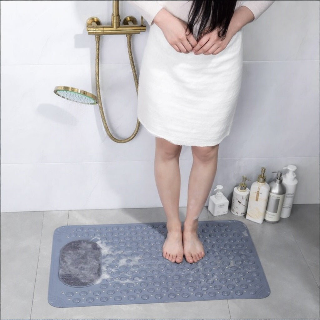 Durable Rubber Non-Slip Shower Mat — Integrated Foot Scrubber, Heavy-Duty Suction Cups