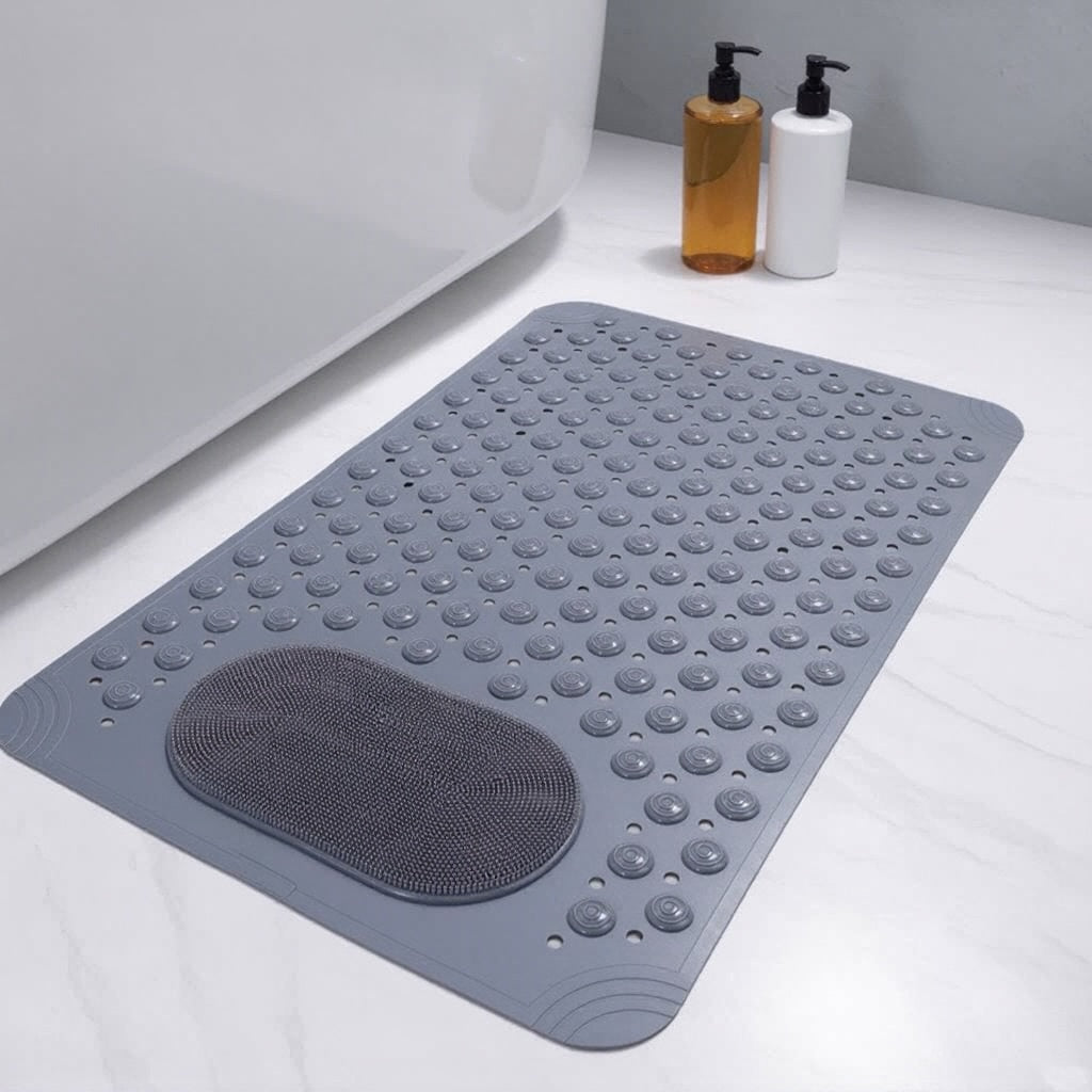 Durable Rubber Non-Slip Shower Mat — Integrated Foot Scrubber, Heavy-Duty Suction Cups