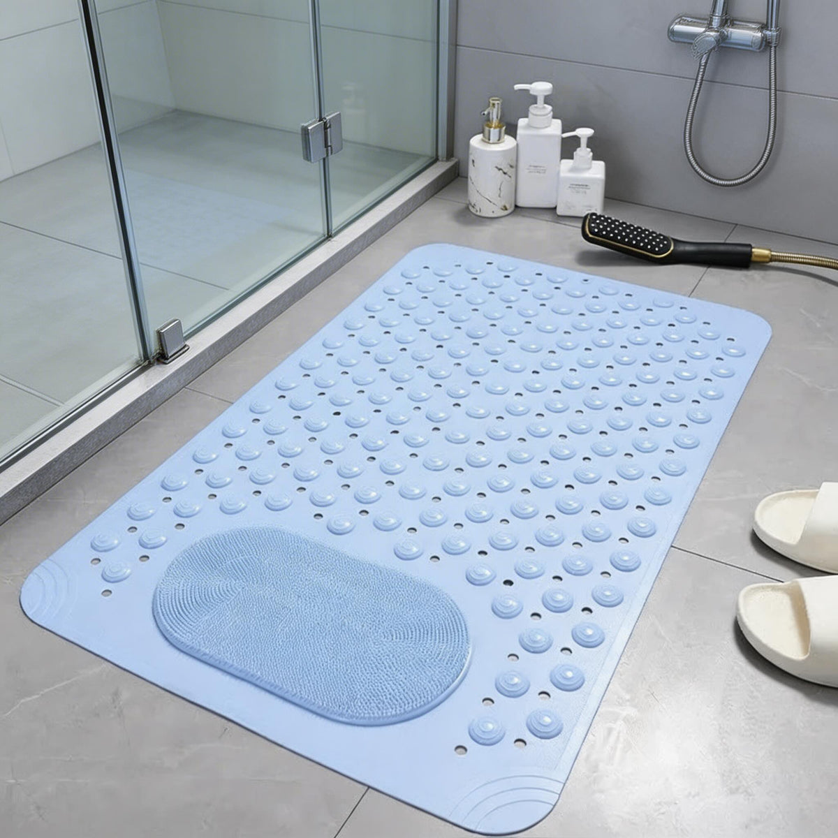 Durable Rubber Non-Slip Shower Mat — Integrated Foot Scrubber, Heavy-Duty Suction Cups