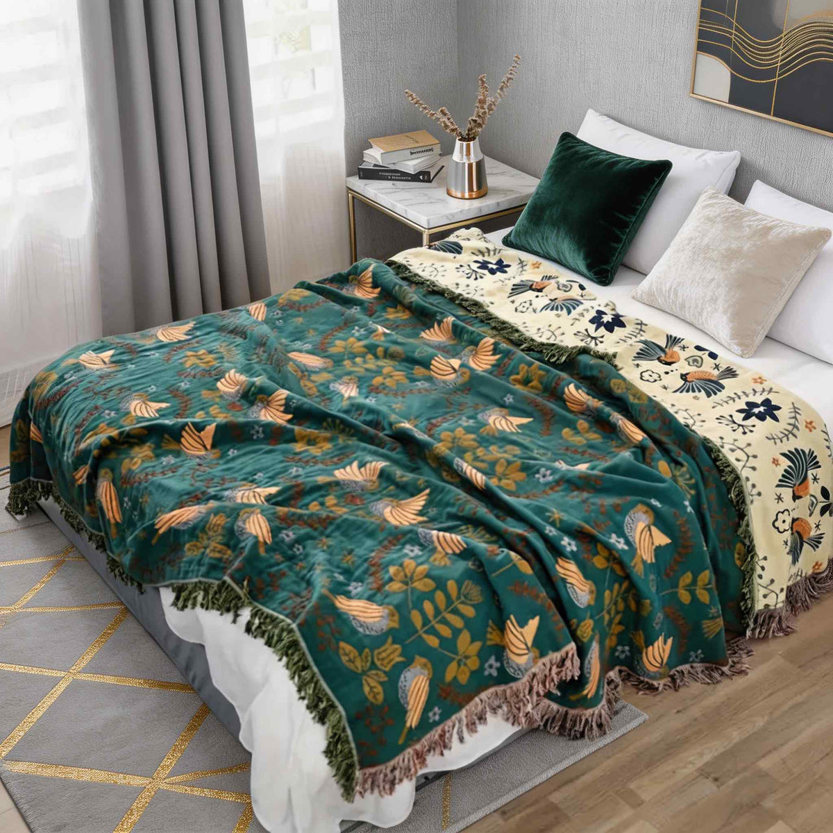Coperta reversibile in cotone 100% — Motivo floreale nordico con uccelli, lavabile in lavatrice, calore confortevole
