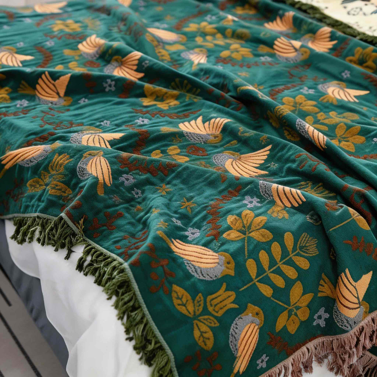 Coperta reversibile in cotone 100% — Motivo floreale nordico con uccelli, lavabile in lavatrice, calore confortevole