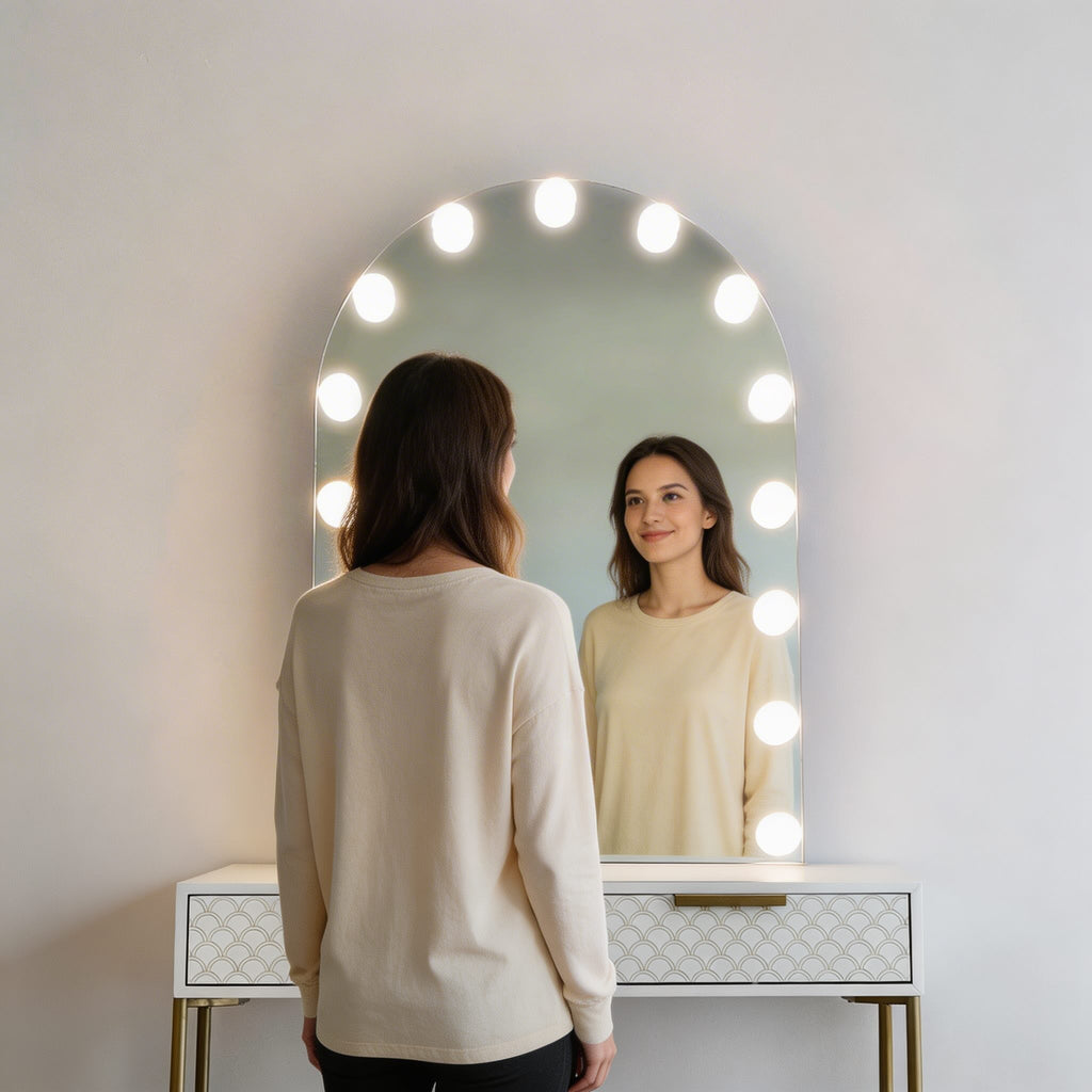 Modern Vanity Mirror — 14 Bulbs, LED Lights, Adjustable Brightness, Metal Frame, Glass Surface