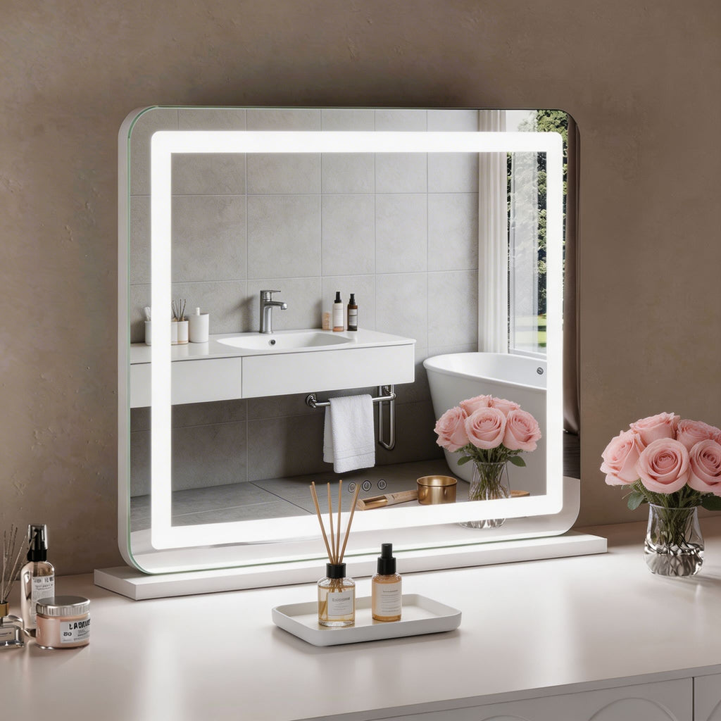 Modern sminkspegel — rektangulär, aluminium, LED-belysning, justerbar ljusstyrka, stabil bas