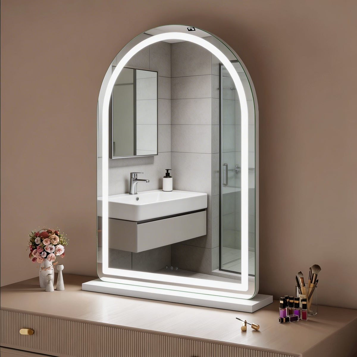 Specchio da trucco illuminato Luna Arch - base stabile in vetro, illuminazione LED regolabile